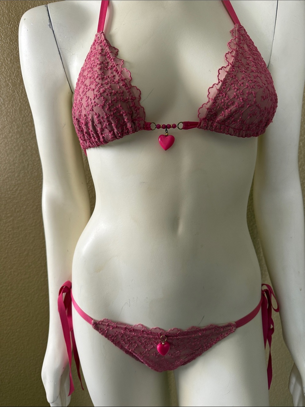 Beach Bunny Hot Pink Lace Heart Charm Bikini Top & Bottom Set